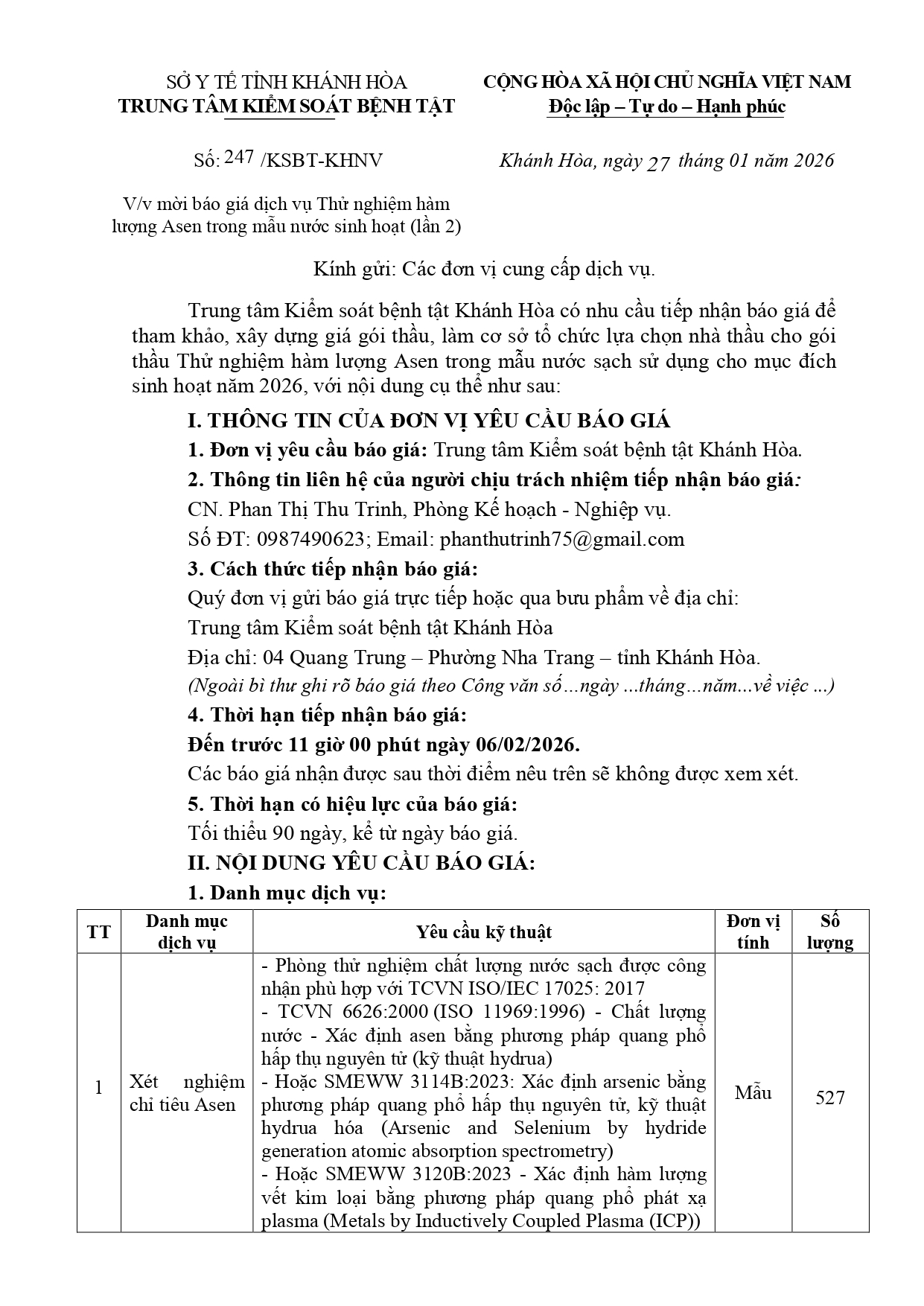 V/v mời báo giá dịch vụ Thử nghiệm hàm lượng Asen trong mẫu nước sinh hoạt (lần 2)
